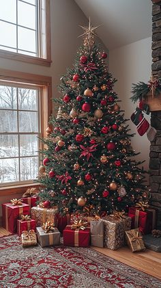 🎄✨ Immerse yourself in the festive magic! This elegant Christmas tree is adorned with brilliant red and gold ornaments, casting a warm glow. Perfectly wrapped gifts wait beneath, inviting joy and wonder. A cozy scene that captures the spirit of the season! 🎁❤️ #Christmas #decor #holiday #festive #tree #cozy #winter #ornaments #gifts #gold #red #celebration Red Cozy Christmas Aesthetic, Gold Red Christmas Decorations, Red Decorations Christmas Tree, Presents Christmas Tree, Red And Golden Christmas Tree, Christmas Tree Ideas Simple Easy, Simple Red And Gold Christmas Tree, Red Christmas Decor Aesthetic, Christmas Tree With Red And Gold