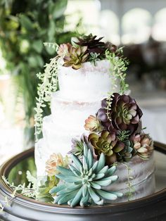 a wedding cake decorated with succulents and greenery