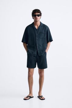 100% LINEN SHIRT - Navy blue | ZARA United States Short Sleeve Button-up Shirt With Pockets For Summer, Summer Button-up Short Sleeve Shirt With Pockets, Summer Short Sleeve Button-up Shirt With Pockets, Vacation Shirt With Spread Collar And Pockets, Collared Camp Shirt With Pockets For Summer, Collared Short Sleeve Shirt With Pockets For Summer, Summer Short Sleeve Shirt With Patch Pockets, Summer Camp Shirt With Pockets And Button-up, Casual Short Sleeve Camp Shirt With Patch Pockets