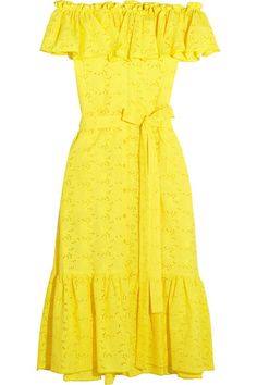 Lisa Marie Fernandez - Yellow broderie anglaise cotton Button fastenings through front 100% cotton Dry clean Designer color: Lemon Off Shoulder Floral Dress, Date Night Outfit Summer, Dresses Yellow, Shoulder Ruffle Dress, Yellow Floral Dress, Lisa Marie Fernandez, Yellow Midi Dress, Floral Print Midi Dress