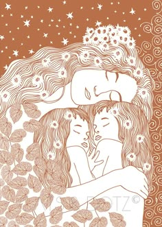 two women hugging each other in front of stars and swirls on an orange background