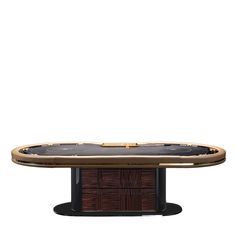 an oval dining table with black and gold trimmings on the edge, in front of a white background