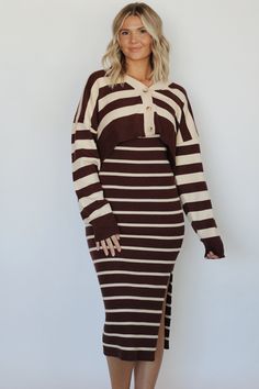 Our "Salem" Dress Set features a knit sweater thick stripe crop button down cardigan and matching thin stripe adjustable spaghetti strap bodycon midi dress with side slit detail set. 50% VISCOSE 30% POLYESTER 20% NYLON Runs a little big, if in between sizes, size down Krista is wearing a Medium Krista's measurements: Waist- 27" Hips- 38" Height- 5'10" Bust- 34" (Typically a Medium) Cropped Button Down, Bachelorette Trip, Button Down Cardigan, Bodycon Midi Dress, European Summer, Bodycon Midi, Dress Set, Knit Set, Midi Dress Bodycon