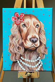 a painting of a brown dog with a red flower in it's hair on a blue background