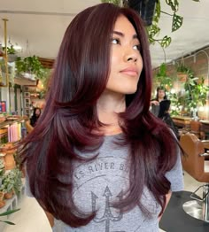 Dark Burgundy Hair Color, Burgundy Hair With Highlights, Deep Burgundy Hair, Red Burgundy Hair Color, Pelo Color Vino, Cherry Brown Hair, Dark Burgundy Hair, Cola Hair, Burgundy Red Hair