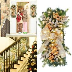 christmas decorations on the stairs and in front of a door with a woman standing next to it