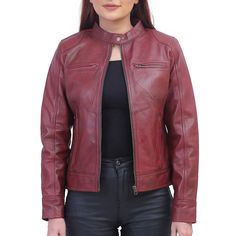 Woman Maroon Biker Jacket Serpent Jacket, Jacket Drawing, Maroon Jacket, Biker Aesthetic, Sleek Style, Biker Leather, Biker Style, Asymmetrical Design, Maroon Color