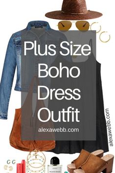 Plus Size Spring Casual Dress Outfits - A plus size black swing dress with a classic denim jacket, a boho slouchy tote from Free People, platform sandals, and a straw fedora. Alexa Webb Rust Dress Outfit, Boho Plus Size Outfits, Hippie Boho Outfits, Boho Dress Outfit, Curvy Boho, Spring Outfits Boho, Boho Womens Clothing, Alexa Webb