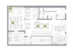 the floor plan for a restaurant with tables, chairs and seating areas on each side