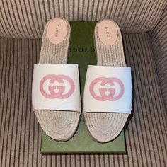 Check Out These Beautiful Brand New Gucci Espadrilles! Cream Color With Soft Pink Gg Logo Stitching Size 42 New In Box Original Box And 2 Shoe Dust Bags Included Smoke Free Home Gucci Open Toe Espadrilles For Vacation, White Gucci Espadrilles For Spring, White Casual Gucci Espadrilles, Gucci White Round Toe Espadrilles, Gucci Espadrilles With Branded Insole, Gucci Casual Espadrilles For Vacation, Casual Gucci Espadrilles For Vacation, Gucci Closed Toe Espadrilles For Summer, Gucci Espadrilles For Beach With Branded Insole