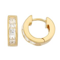 Add a hint of sparkle to any look with these lab-created white sapphire huggie hoop earrings.EARRING DETAILS Diameter: 14.5 mm Backings: click-it Metal: 14k gold over sterling silver STONE DETAILS Stone type: lab-created white sapphire Cut: princess Setting: channel  Size: One Size. Gender: female. Age Group: adult. Classic Baguette Cut Huggie Earrings As Gift, Classic Baguette Cut Huggie Earrings For Gifts, Gold Baguette Cut Huggie Earrings For Anniversary, Gold Baguette Cut Cubic Zirconia Huggie Earrings, Gold Cubic Zirconia Baguette Cut Huggie Earrings, Small Hoop Huggie Earrings Channel Set Cubic Zirconia, Small Hoop Hinged Huggie Earrings For Anniversary, Anniversary Channel Set Cubic Zirconia Huggie Earrings, Channel Set Huggie Earrings Gift