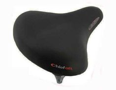 a close up of a black bike seat on a white background with the words chief gel