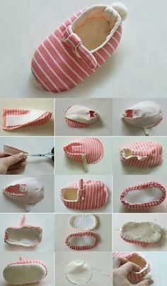 several pictures of baby shoes being made