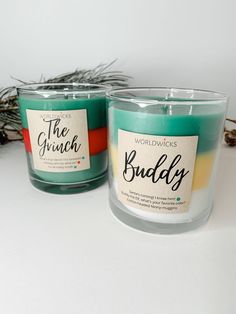 Christmas Movie Character Grinch and Elf Inspired Candles-Candle-Max & Riley-Max & Riley Christmas Movie Characters, Frankincense And Myrrh, Cotton Headed Ninny Muggins, Santas Coming, Elf Movie, Buddy The Elf, Candle Inspiration, Candle Labels, Christmas Characters