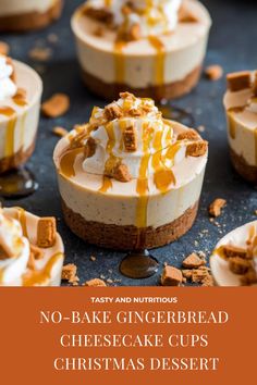 no - bake gingerbread cheesecake cups with christmas dessert toppings on top