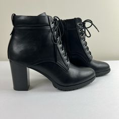 Nwb Style & Co Black Lucille Faux Leather Size 10m Lace Up Ankle Boots Brand: Style & Co Style: Lucille Size: 10m Color: Black Condition: New With Box *Box Is Damaged, However, I Ship The Box Within A Box So Boot Is Still Protected, Just Wanted To Make This Known So It Wasn't A Surprise When Received Material: Faux Leather Flaws: There Is A Small Scuff On The Side Of The Left Shoe As Shown In Photo Heel: 3 1/4" Faux Leather Lace-up Boots With High Heel, Medium Width High Heel Lace-up Boots In Faux Leather, Lace-up High Heel Boots In Faux Leather, Medium Width Faux Leather Ankle Lace-up Boots, Winter Faux Leather Lace-up Boots With Block Heel, Winter Lace-up Faux Leather Boots With Block Heel, Fall Synthetic Lace-up Boots, High Heel Lace-up Boots For Winter Workwear, Round Toe Heels With Zipper For Work