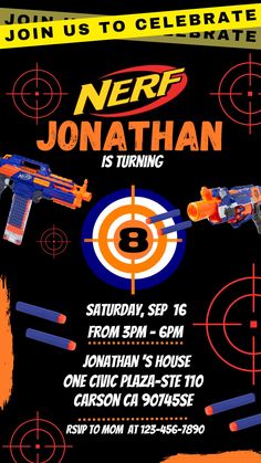 nerf-birthday-invitation-mobile 9 Year Birthday Party Theme Boy, 10th Birthday Boy Party Themes, 7 Year Birthday Party Ideas Boy, 6th Birthday Boy Theme, Nerf Party Ideas, Nerf Party Food, 7th Birthday Party For Boys, Nerf Birthday Invitations, Nerf Party Invitations