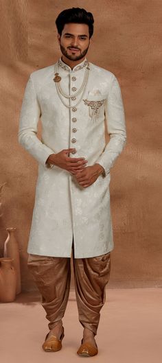 Jacquard Dhoti Sherwani in White and Off White with Patch work Sharvani For Men Wedding, Sherwani With Dhoti, Dhoti Sherwani, Zardozi Work, Wedding Saree Indian, Patch Work, Off White Color, Jacquard Fabric, Saree Wedding