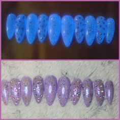 Pastel Purple holographic glow in the dark bling nails - holo flakes - stiletto press on nails full set any shape #stiletto #holo #glow #holographic #pastel #nails #purple #bling #almond #crystals Purple Holographic, Nails Almond, Wood Sticks, Uv Lamp, Pastel Purple