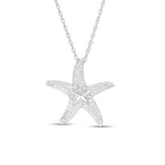 She'll recall the warm sun and sand often with this charming starfish pendant. Crafted in sterling silver, this pretty style features a polished center surrounded by diamond accents and beaded detailing. Buffed to a brilliant luster, this pendant suspends along an 18.0-inch rope chain that secures with a spring-ring clasp. White Gold Sterling Silver Starfish Jewelry, Silver Starfish Charm Jewelry, Sterling Silver Starfish Charm Jewelry, Starfish Pendant, Ocean Jewelry, Seashell Crafts, Pretty Style, Rope Chain, Diamond Stone