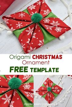 an origami christmas ornament is shown with the instructions to make it