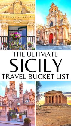 Collage of images from Sicily Italy. Clockwise from top left: Sicilian Baroque balcony, Baroque cathedral in Ragusa, Temple of Concordia in Agrigento, Palermo Cathedral Things To Do In Sicily, Sicily Travel, Italy Destinations, Florence Travel, Places In Europe, Europe Vacation