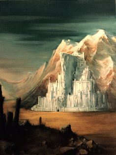 a painting of a castle in the middle of a desert with mountains and clouds behind it