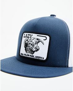 Mid profile. Flat bill. 5 Panel. Soft mesh back. Snapback closure. "Lazy Est.2013" cowhead willow logo patch on front. Willow Logo, Willow Park, Ranch Wear, Get Directions, Boots For Sale, Ball Cap, Boot Shop, Patch Logo, Blue White