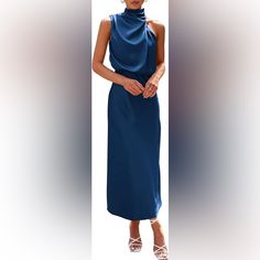 Super Elegant Satin Dress With Mock Neck. Perfect To Wear To A Wedding Or Fancy Night Out. Brand: Prettygarden Size: Medium (Us 8-10) Color: Dark Blue Material: Satin Condition: New With Tags (Nwt) Smoke-Free And Pet-Free Household. Elegant Blue Sleeveless Dress For Wedding, Sleeveless Blue Evening Dress For Night Out, Blue Sleeveless Evening Dress For Night Out, Elegant Blue Sleeveless Maxi Dress, Blue Satin Midi Dress For Party, Blue Midi Sleeveless Dress For Party, Blue Sleeveless Evening Dress For Cocktail, Blue Maxi Length Sleeveless Party Dress, Blue Maxi Sleeveless Party Dress