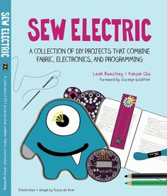 the book cover for sew electric, featuring an image of a blue monster and books