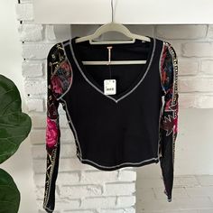 Freepeople, Size S, V Neck, Mesh Embroidered Long Sleeve Shirt. Black Long Sleeve Top With Embroidered Sleeves, Black Long Sleeve Tops With Embroidered Graphics, Fitted Black Top With Embroidered Sleeves, Black Tops With Embroidered Graphics For Fall, Black Tops With Embroidered Sleeves For Fall, Black Long Sleeve Tops With Floral Embroidery, Black Floral Embroidered Long Sleeve Tops, Black Embroidered Tops For Fall, Black Cotton Tops With Embroidered Sleeves