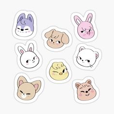 six stickers with different animals and faces on them, all in pastel colors