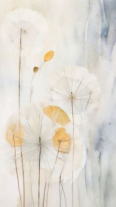 watercolor painting of dandelions in yellow and white colors, with blue background