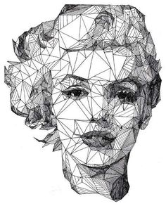 a drawing of a woman's face made up of lines and triangles on an orange background