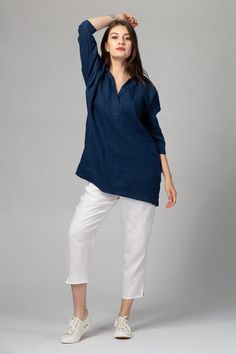 Comfortable oversized shirt tunic with split neck and side pockets.  FIT To choose the right size, check out our body and garments measurements charts displayed in the product listing photos. If you need specific sizing recommendations, please don't hesitate to contact us and we'll help you find the right fit! FEATURES -Loose, oversized fit -Deep V-neck with shirt collar -Three quarter relaxed sleeves -Straight silhouette -Concealed side pockets -French seams for increased durability and a more Linen Tunic Shirt, Linen Tunic, French Seam, Linen Blouse, Tunic Shirt, Linen Top, Look Plus, Oversized Shirt, Romania