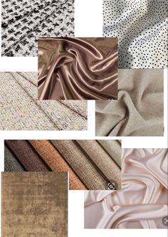 several different types of fabric in various colors and sizes, including beiges, browns, black