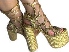 Gold Sandals With Wrapped Heel For Vacation, Handmade Closed Toe Party Sandals, Handmade Gold Sandals For Summer, Summer High Heels With Gold Chain, Party Sandals With Gold-tone Hardware And High Heel, Gold Ankle Strap T-strap Sandals For Beach, Party Heels With Gold Chain, High Heel, High Heel Party Sandals With Gold-tone Hardware, High Sandals