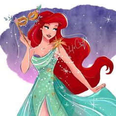 ariel from the little mermaid is holding a star in her hand and wearing a green dress