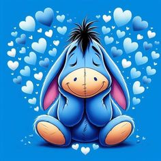 a blue winnie the pooh sitting in front of hearts