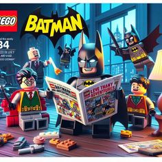 the lego batman movie poster is displayed in front of a table with toys and books