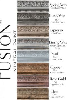 an advertisement with the names and colors of different types of decorative wall coverings on it