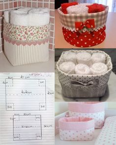 four different types of baskets with paper in them