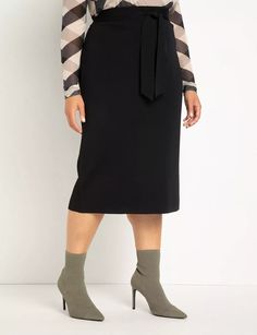 Tie Waist Midi Skirt | Women's Plus Size Skirts | ELOQUII Knee-length Maxi Skirt For Workwear In Fall, Knee-length Flowy Skirt For Work, Flowy Knee-length Skirt For Work, Fitted Belted Skirt For Fall, Fitted Midi Skirt With Elastic Waistband, Stretch Midi Skirt For Fall, Midi Length Bottoms For Workwear In Fall, Fall Workwear Midi Bottoms, Chic Fall Midi Pencil Skirt