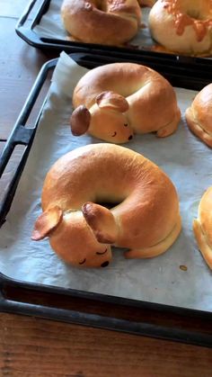 several bagels shaped like animals sitting on top of baking pans