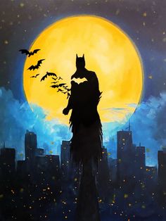 a painting of a batman standing in front of a full moon with bats flying around