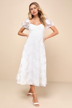 Head out the door looking peachy keen and perfect in the Lulus Sweetest Behavior White Embroidered Puff Sleeve Midi Dress! Bold and beautiful floral embroidery adorns airy woven organza-like fabric as it shapes short puff sleeves and a princess-seamed bodice with a sweetheart neckline. High, fitted waist sits atop a flowy A-line skirt that falls to a midi hem. Hidden back zipper/clasp. Fit: This garment fits true to size. Length: Mid-calf length. Size medium measures 47.5" from shoulder to hem. Spring Embroidered Dress With Sweetheart Neckline, Spring Wedding Dress With Broderie Anglaise, Puff Sleeve Dress With Floral Embroidery For Garden Party, Embroidered Puff Sleeve Spring Dresses, Spring Embroidered Puff Sleeve Dresses, White Dresses Graduation, Midi Dress Floral, Puff Sleeve Midi Dress, Rehearsal Dinner Dresses