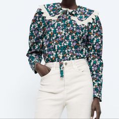 Brand New With Tag! Zara Top Print Blouse With Lace Trim! Multicolor Casual Lace Collar Blouse For Spring, Spring Floral Print Blouse With Collar, Spring Floral Print Collared Blouse, Spring Floral Print Collared Tops, Cotton Blouse With Floral Print And Collar, Zara Collared Tops For Spring, Casual Fall Top With Lace Collar, Trendy Tops With Lace Collar For Spring, Trendy Top With Lace Collar For Spring