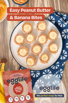 some bananas and peanut butter are on a plate next to the package for egglife