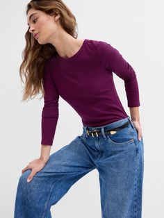 Ribbed Crewneck T-Shirt | Gap Factory Chic Ribbed Crew Neck T-shirt, Trendy Solid Color Long Sleeve Crew Neck Top, Basic Tops With Ribbed Cuffs For Fall, Basic Fall Tops With Ribbed Cuffs, Basic Top With Ribbed Neckline For Fall, Ribbed Long Sleeve T-shirt For Fall, Trendy Ribbed Crew Neck Knit Top, Solid T-shirt With Ribbed Cuffs For Fall, Trendy Crew Neck Top With Ribbed Cuffs