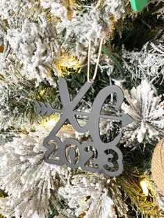 a christmas ornament hanging from the side of a tree